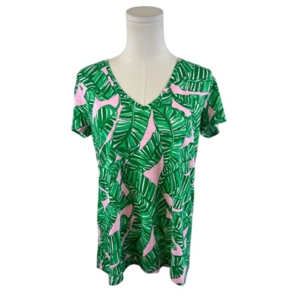New Lilly Pulitzer V Neck Tunic Top Blouse Green Pink Palm Leaf Print Size Small